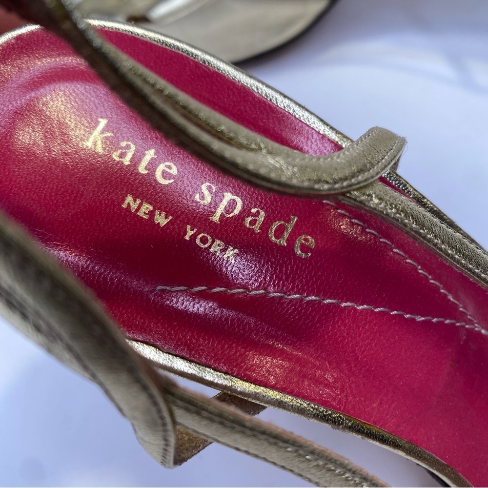 Kate Spade Gold Peep Toe Strappy Sandal Heels Leather Size 8.5M - Picture 7 of 10